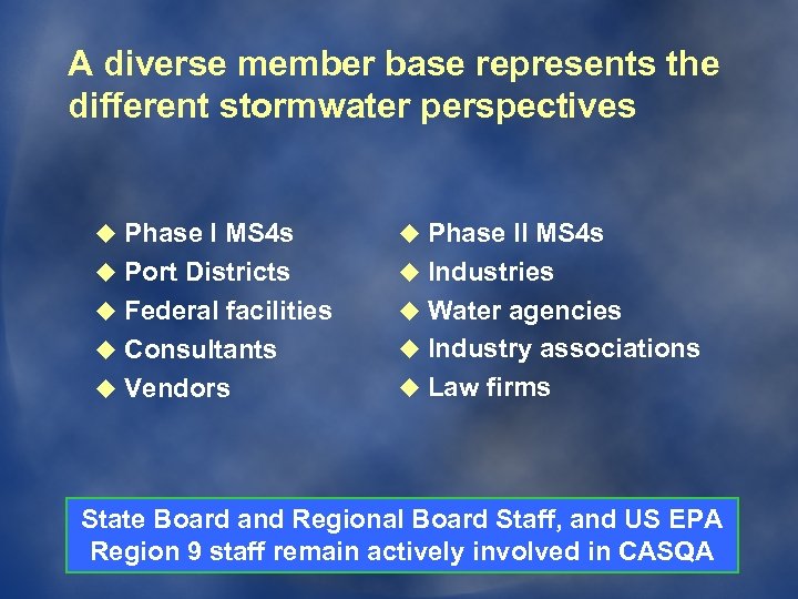A diverse member base represents the different stormwater perspectives u Phase I MS 4