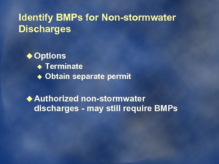 Identify BMPs for Non-stormwater Discharges u Options u u Terminate Obtain separate permit u