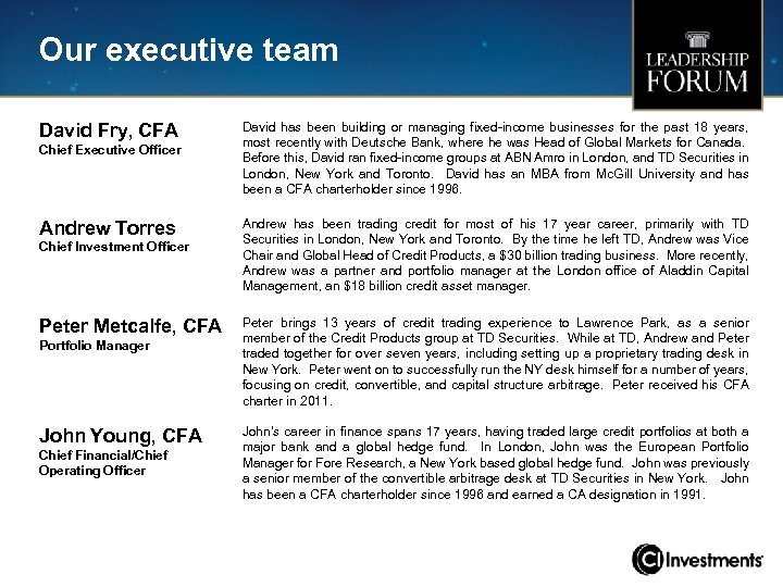 Our executive team David Fry, CFA Chief Executive Officer Andrew Torres Chief Investment Officer