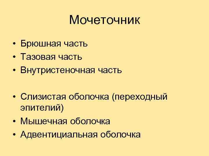 Мочеточник • Брюшная часть • Тазовая часть • Внутристеночная часть • Слизистая оболочка (переходный