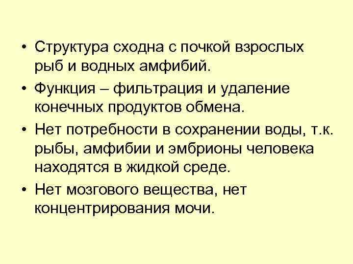  • Структура сходна с почкой взрослых рыб и водных амфибий. • Функция –