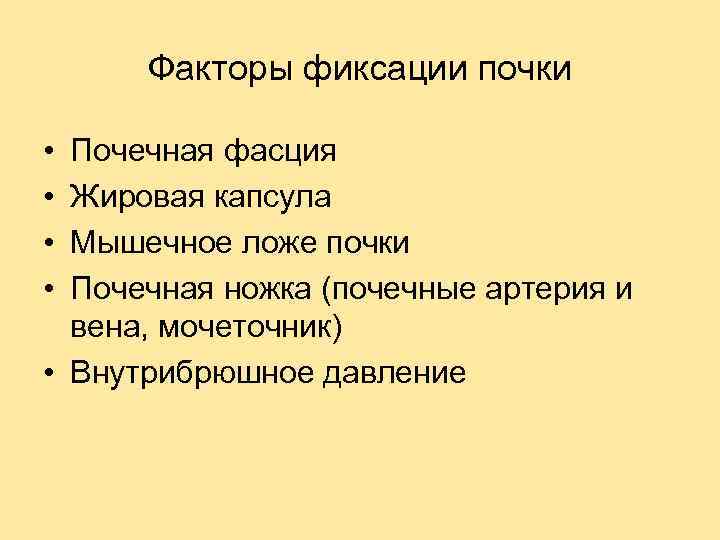 Факторы фиксации почки • • Почечная фасция Жировая капсула Мышечное ложе почки Почечная ножка
