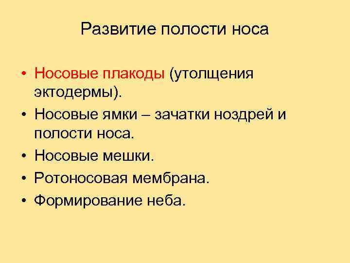 Развитие полости носа • Носовые плакоды (утолщения эктодермы). • Носовые ямки – зачатки ноздрей