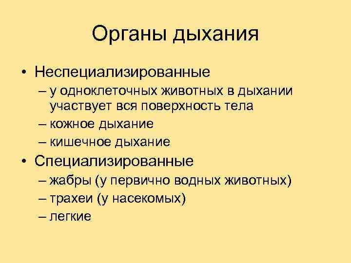 Органы дыхания • Неспециализированные – у одноклеточных животных в дыхании участвует вся поверхность тела