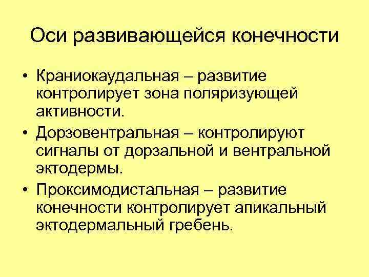 Оси развивающейся конечности • Краниокаудальная – развитие контролирует зона поляризующей активности. • Дорзовентральная –