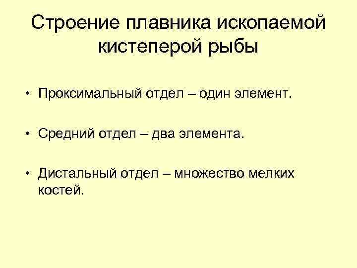 Строение плавника ископаемой кистеперой рыбы • Проксимальный отдел – один элемент. • Средний отдел