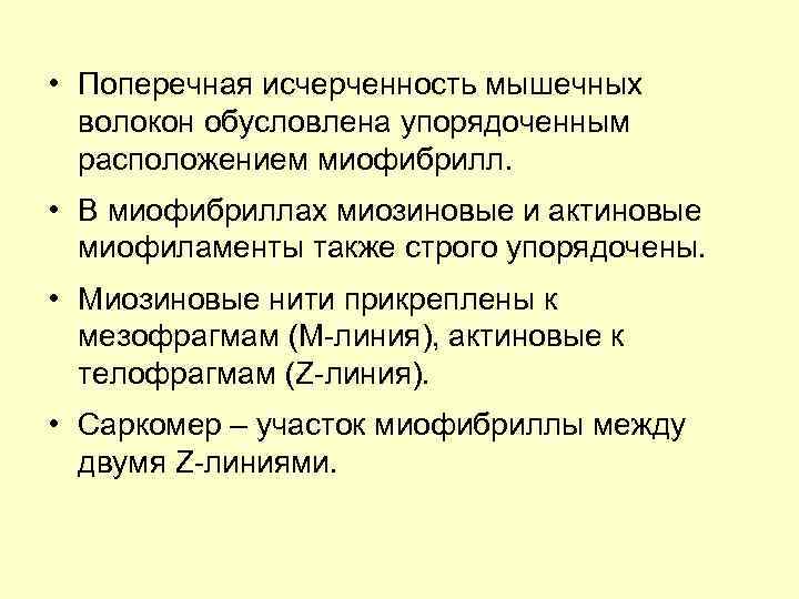  • Поперечная исчерченность мышечных волокон обусловлена упорядоченным расположением миофибрилл. • В миофибриллах миозиновые