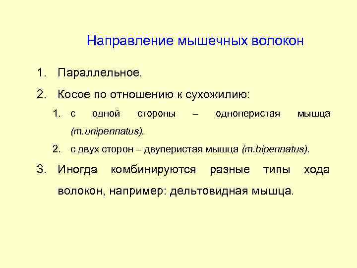 Направление мышечных волокон 1. Параллельное. 2. Косое по отношению к сухожилию: 1. с одной