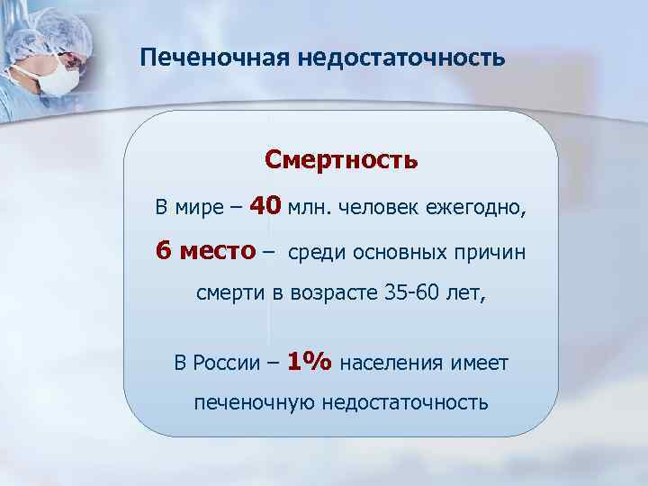 Печеночная недостаточность Смертность В мире – 40 млн. человек ежегодно, 6 место – среди