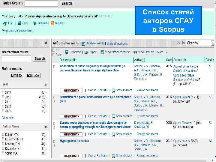 Список статей авторов СГАУ в Scopus 