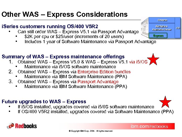 Other WAS – Express Considerations i. Series customers running OS/400 V 5 R 2