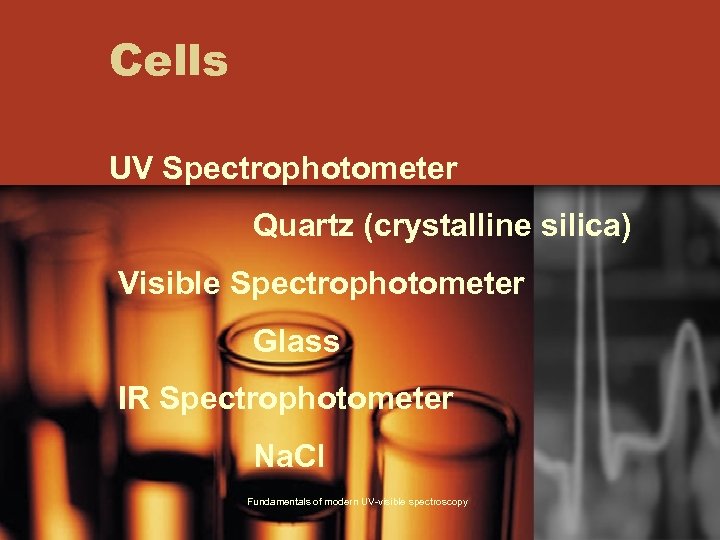 Cells UV Spectrophotometer Quartz (crystalline silica) Visible Spectrophotometer Glass IR Spectrophotometer Na. Cl Fundamentals