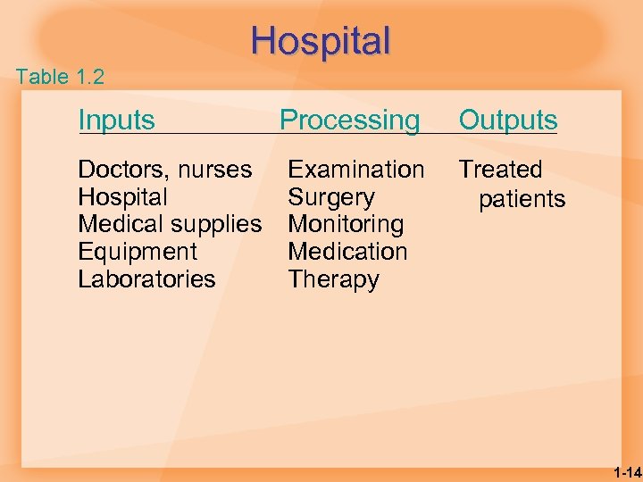 Hospital Table 1. 2 Inputs Doctors, nurses Hospital Medical supplies Equipment Laboratories Processing Outputs