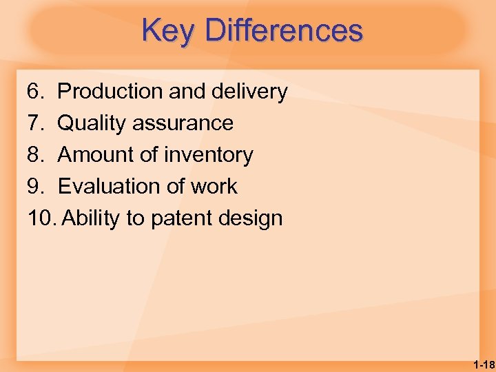 Key Differences 6. Production and delivery 7. Quality assurance 8. Amount of inventory 9.