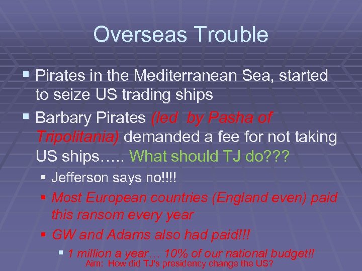 Overseas Trouble § Pirates in the Mediterranean Sea, started to seize US trading ships