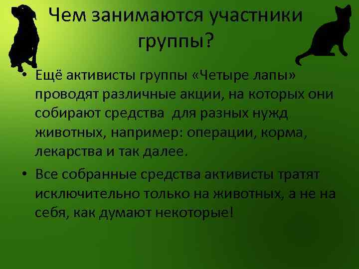 Чем занимаются участники группы? • Ещё активисты группы «Четыре лапы» проводят различные акции, на