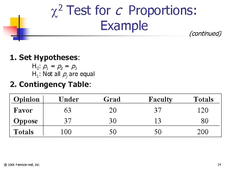  2 Test for c Proportions: Example (continued) 1. Set Hypotheses: H 0 :