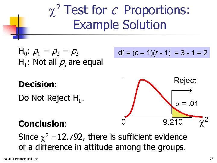  2 Test for c Proportions: Example Solution H 0 : p 1 =