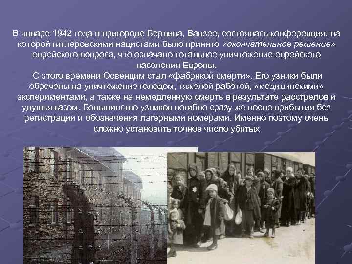 В январе 1942 года в пригороде Берлина, Ванзее, состоялась конференция, на которой гитлеровскими нацистами