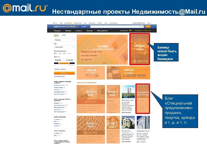 Нестандартные проекты Недвижимость@Mail. ru Баннер может быть видео баннером Блог «Специальное предложение» продажа, покупка,