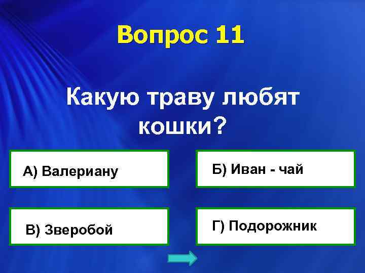 Вопрос 11 Какую траву любят кошки? А) Валериану В) Зверобой Б) Иван - чай