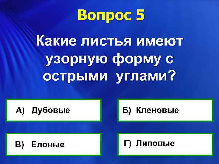 Вопрос 5 Какие листья имеют узорную форму с острыми углами? А) Дубовые В) Еловые