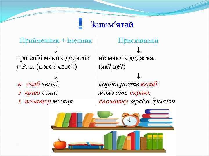 Запам’ятай Прийменник + іменник ↓ при собі мають додаток у Р. в. (кого? чого?