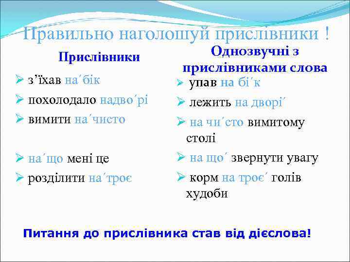Правильно наголошуй прислівники ! Прислівники Ø з’їхав на´бік Ø похолодало надво´рі Ø вимити на´чисто