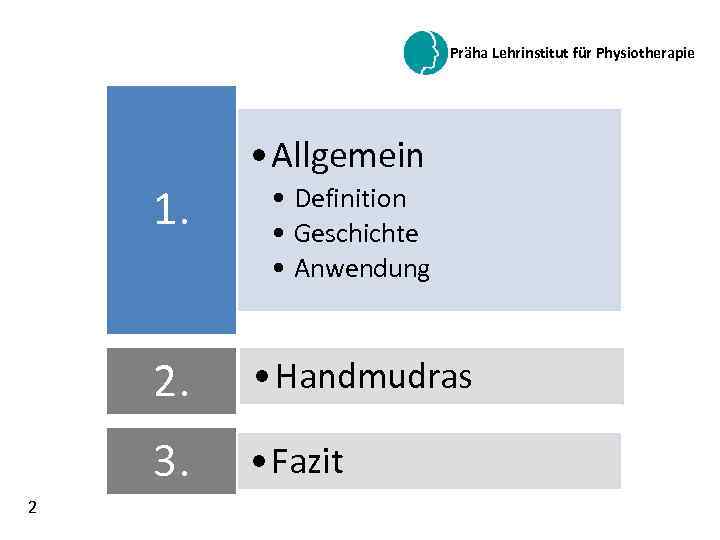 Präha Lehrinstitut für Physiotherapie • Allgemein 1. • Definition • Geschichte • Anwendung 2.