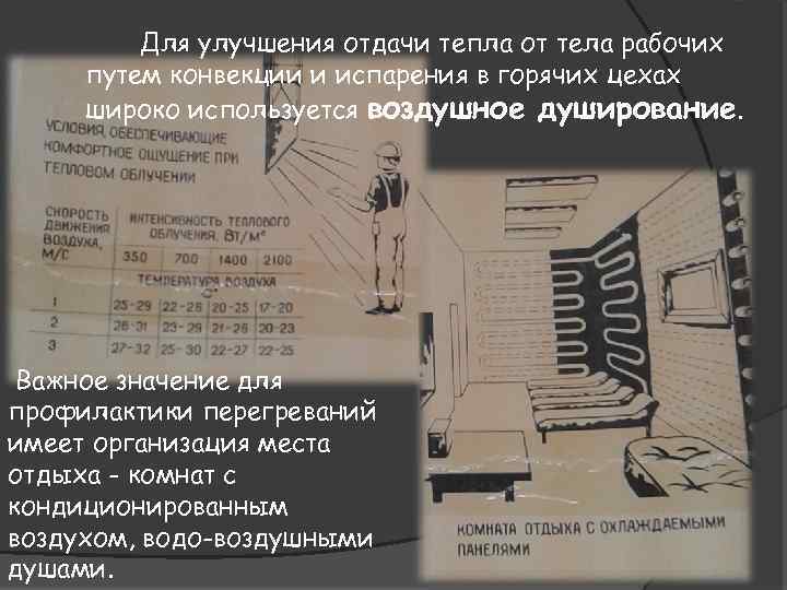 Для улучшения отдачи тепла от тела рабочих путем конвекции и испарения в горячих цехах