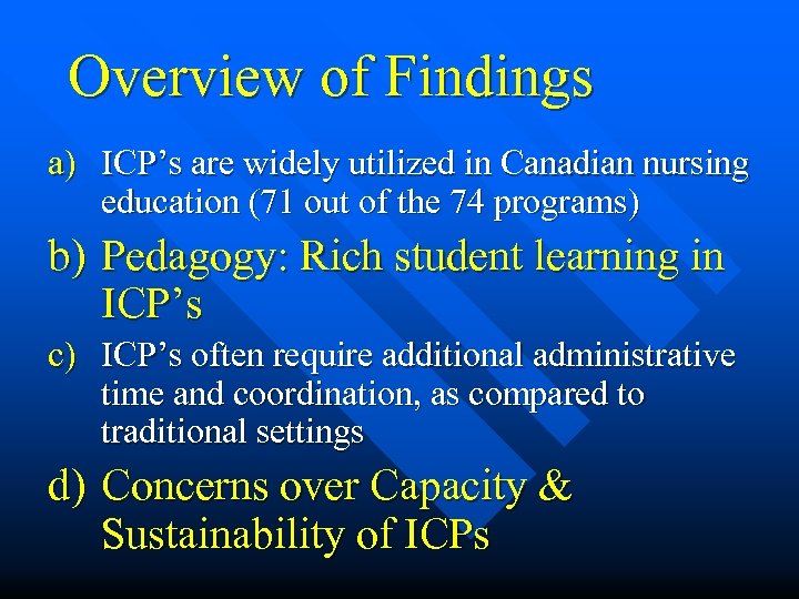Overview of Findings a) ICP’s are widely utilized in Canadian nursing education (71 out
