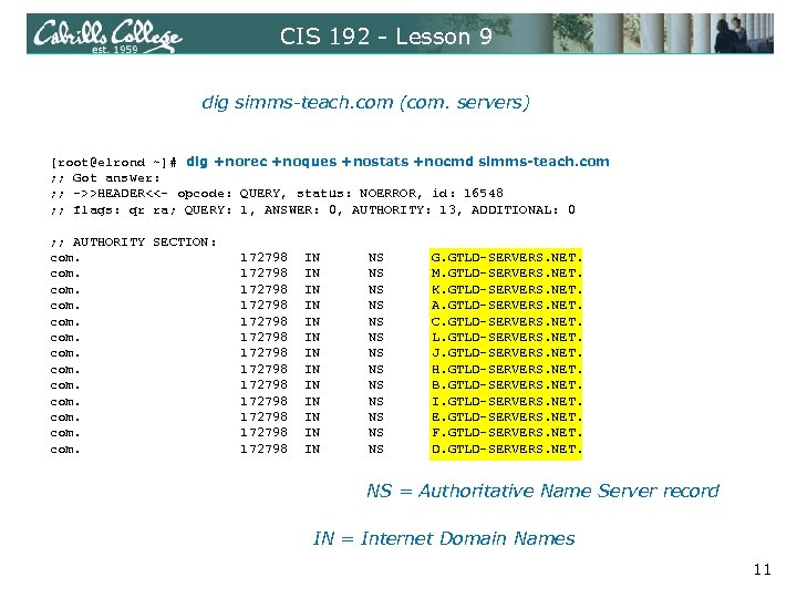 CIS 192 - Lesson 9 dig simms-teach. com (com. servers) [root@elrond ~]# dig +norec