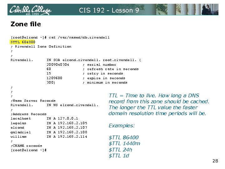 CIS 192 - Lesson 9 Zone file [root@elrond ~]# cat /var/named/db. rivendell $TTL 604800
