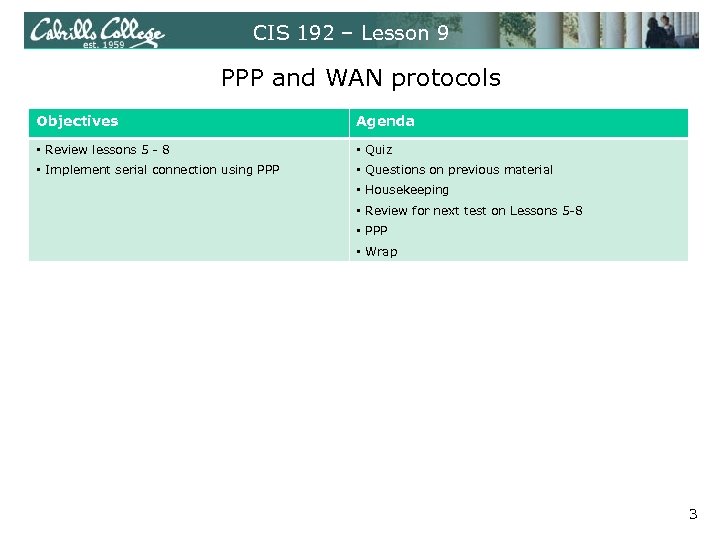 CIS 192 – Lesson 9 PPP and WAN protocols Objectives Agenda • Review lessons