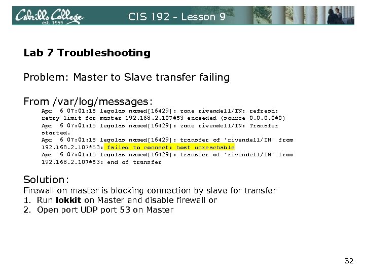 CIS 192 - Lesson 9 Lab 7 Troubleshooting Problem: Master to Slave transfer failing