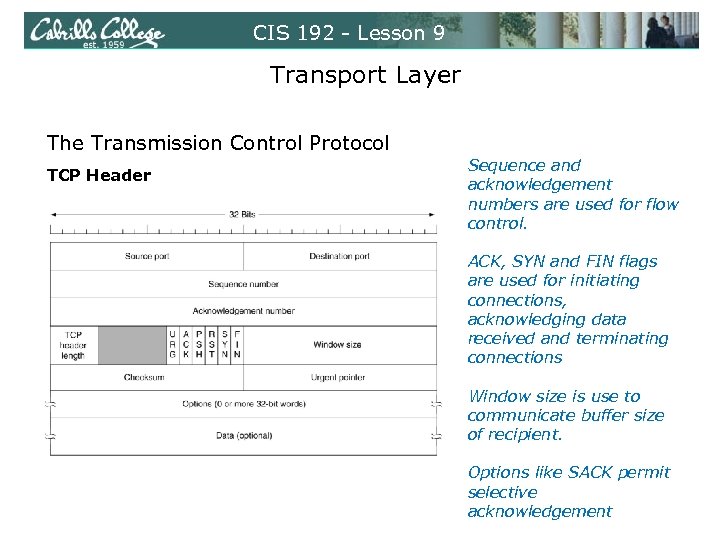 CIS 192 - Lesson 9 Transport Layer The Transmission Control Protocol TCP Header Sequence