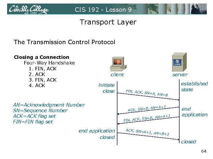CIS 192 - Lesson 9 Transport Layer The Transmission Control Protocol Closing a Connection