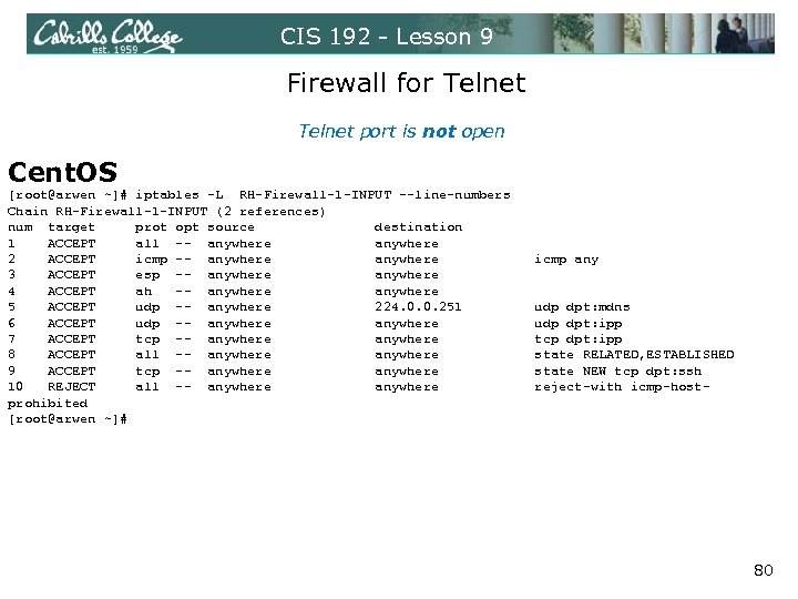 CIS 192 - Lesson 9 Firewall for Telnet port is not open Cent. OS