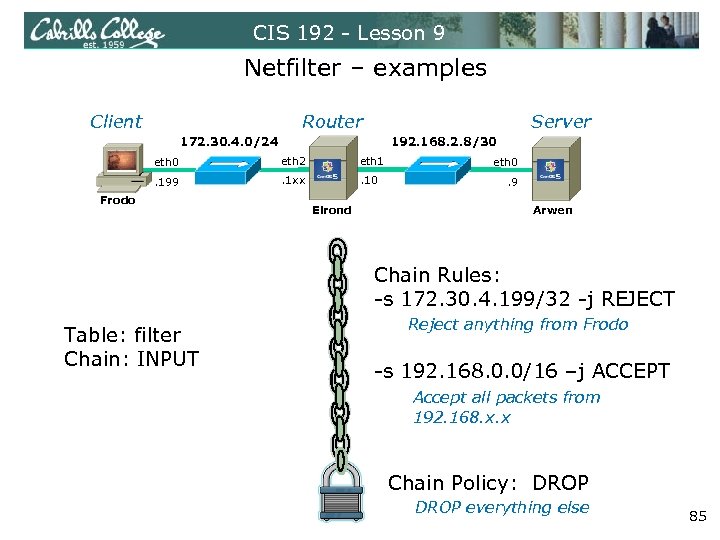 CIS 192 - Lesson 9 Netfilter – examples Client Router Server 172. 30. 4.