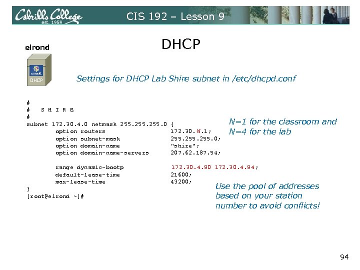 CIS 192 – Lesson 9 elrond DHCP Settings for DHCP Lab Shire subnet in