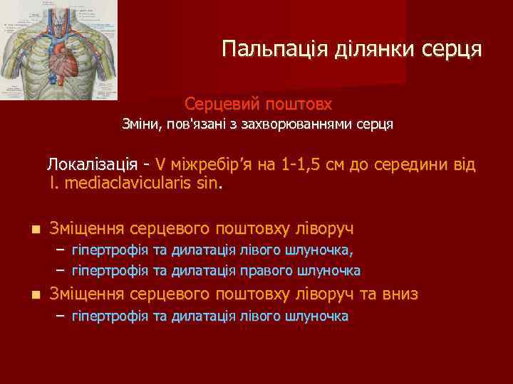 Пальпація ділянки серця Серцевий поштовх Зміни, пов'язані з захворюваннями серця Локалізація - V міжребір’я