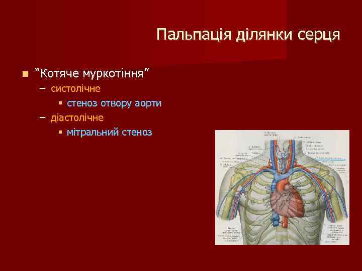Пальпація ділянки серця “Котяче муркотіння” – систолічне стеноз отвору аорти – діастолічне мітральний стеноз
