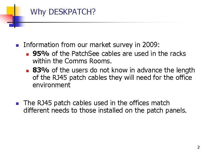Why DESKPATCH? n n Information from our market survey in 2009: n 95% of