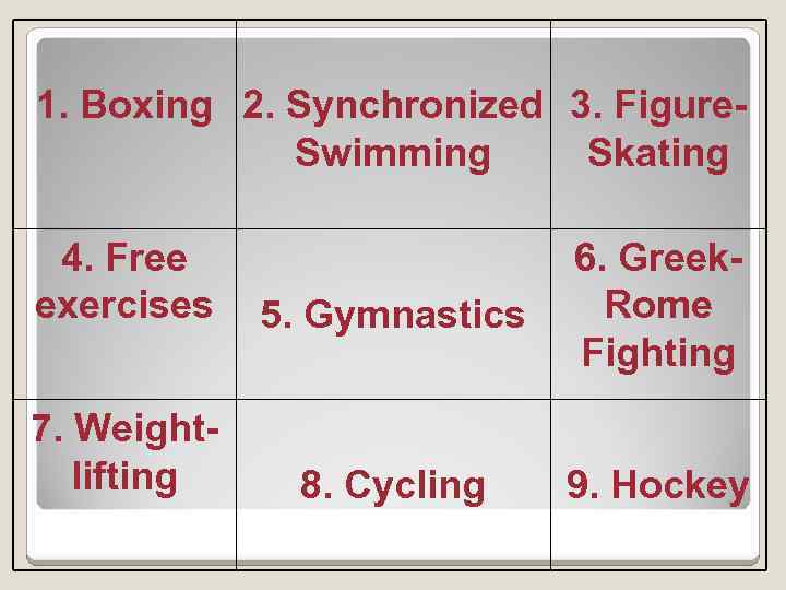 1. Boxing 2. Synchronized 3. Figure. Swimming Skating 4. Free exercises 5. Gymnastics 6.