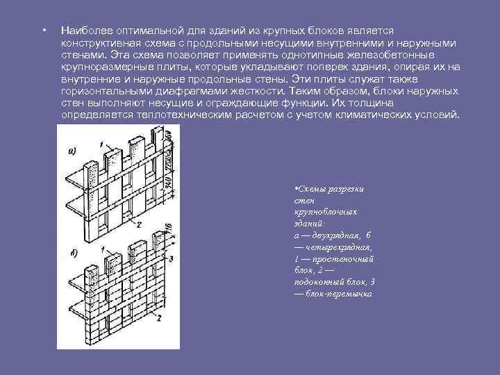  • Наиболее оптимальной для зданий из крупных блоков является конструктивная схема с продольными