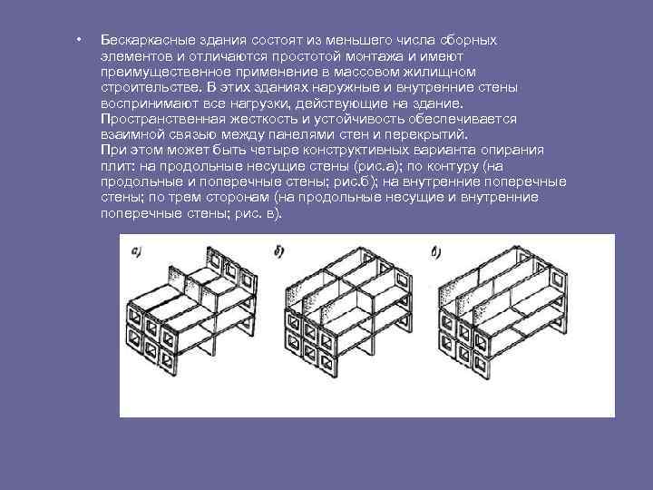  • Бескаркасные здания состоят из меньшего числа сборных элементов и отличаются простотой монтажа