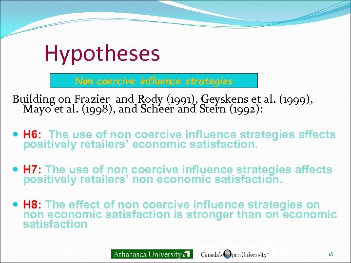 Hypotheses Non coercive influence strategies Building on Frazier and Rody (1991), Geyskens et al.