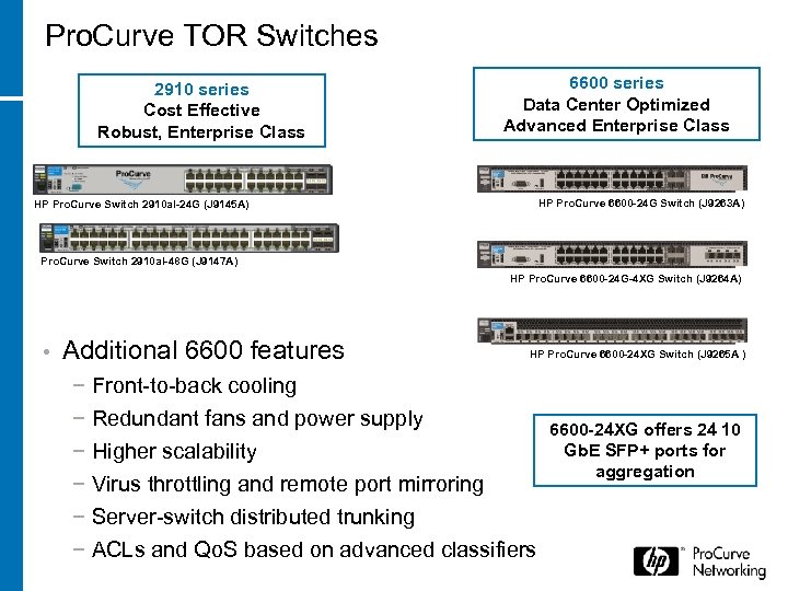 Pro. Curve TOR Switches 2910 series Cost Effective Robust, Enterprise Class 6600 series Data
