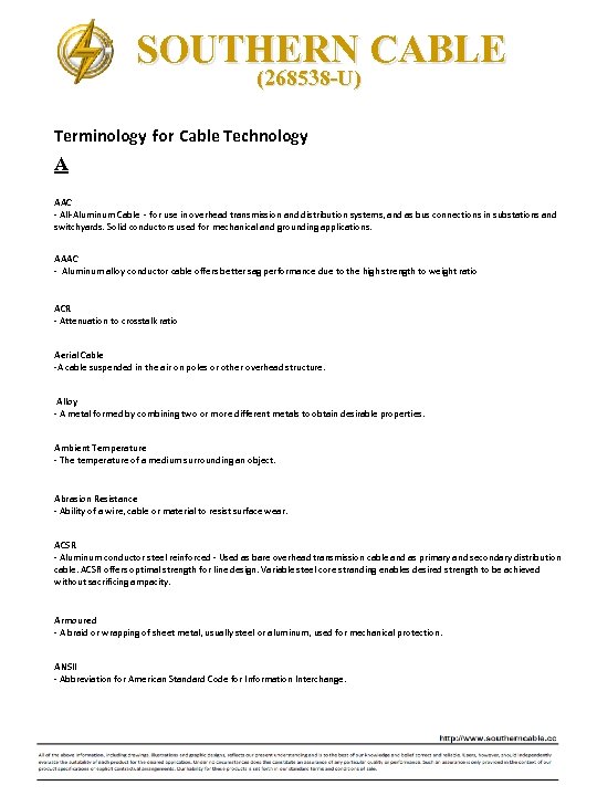 SOUTHERN CABLE 268538 U ABBREVIATIONS TERMINOLOGY Head