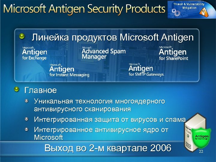 Threat & Vulnerability Mitigation Линейка продуктов Microsoft Antigen Главное Уникальная технология многоядерного антивирусного сканирования